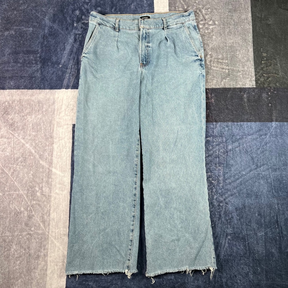 Express Women 14R High Rise Wide Leg Light Wash Raw Hem Denim Jeans